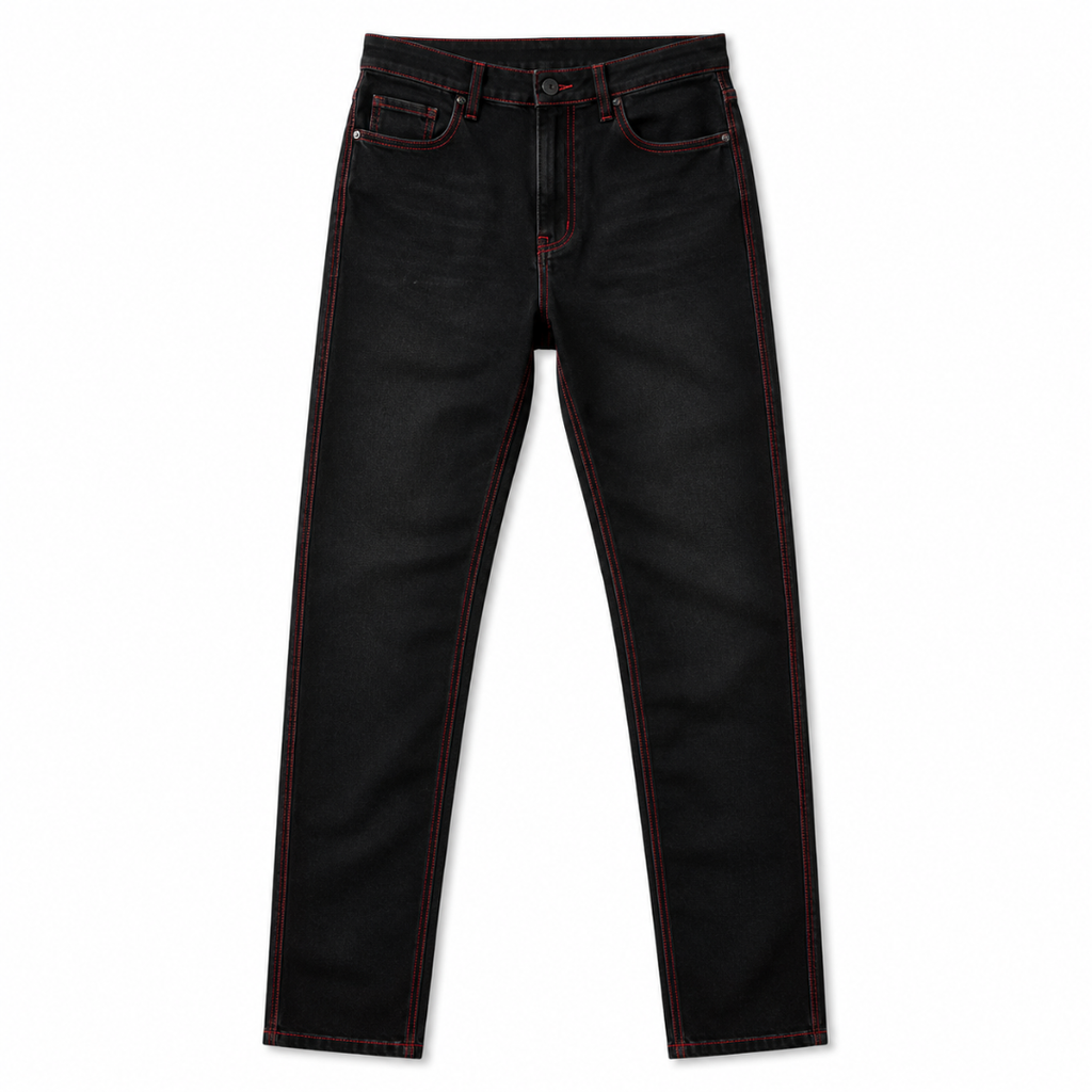 Premium Slim Fit Black Jeans – Red Contrast Stitching | Kessy Wounder
