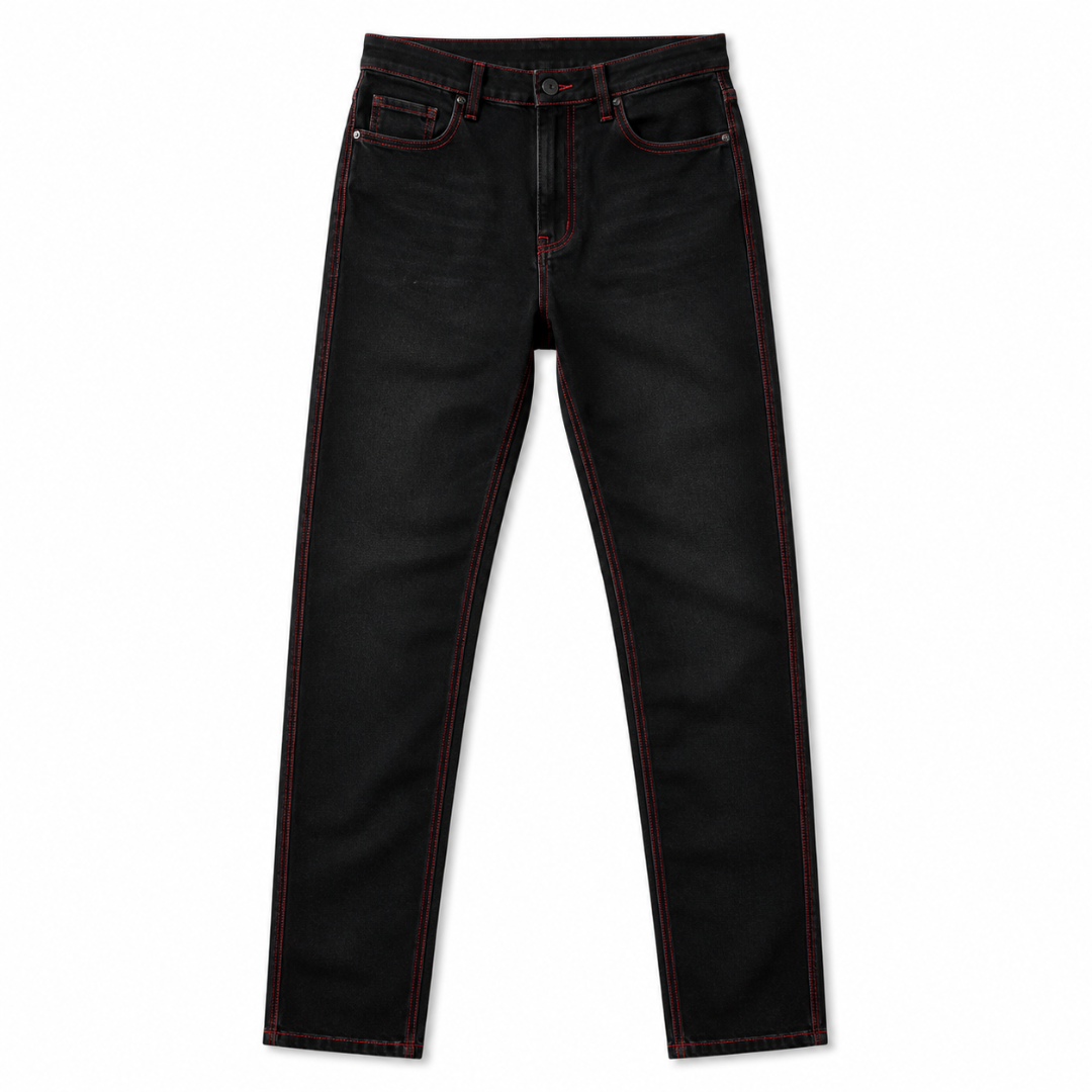Premium Slim Fit Black Jeans – Red Contrast Stitching | Kessy Wounder